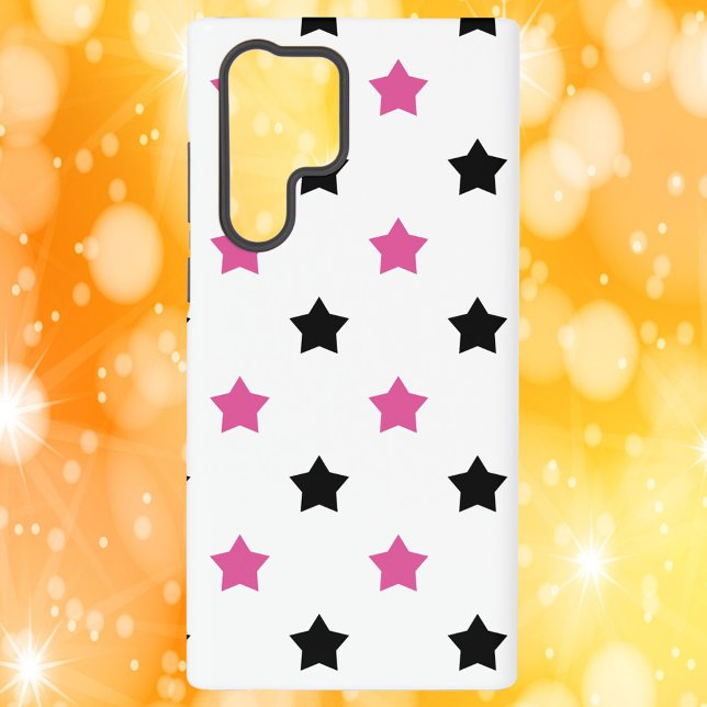 Coque Samsung Galaxy Étoiles Motif rose noir blanc (A phone case with a pattern of black and pink stars on a white background.)
