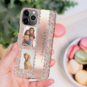 Coque Samsung Galaxy Étui Monogramme Photo Diamant Paillettes Rose Gold