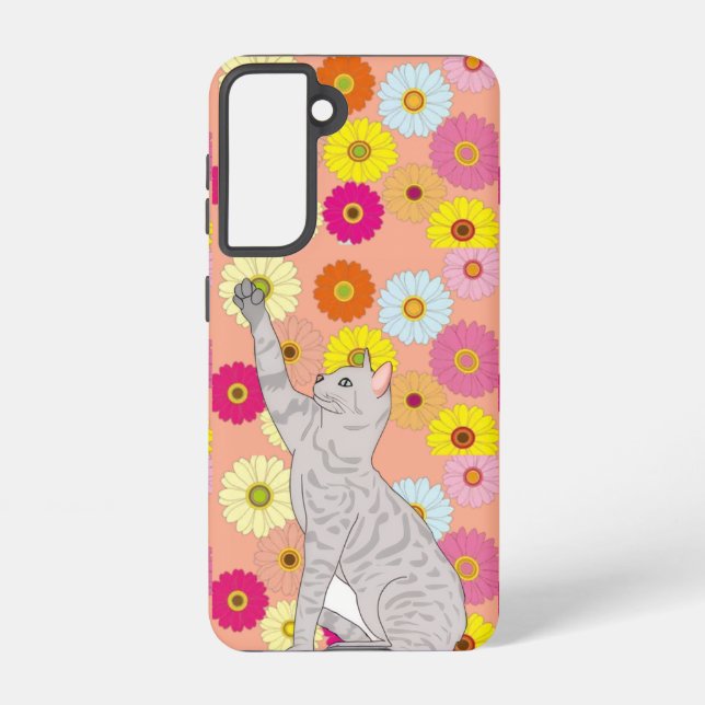 Coque Samsung Galaxy Étui Samsung Galaxy Chat Gris Attrapant des Fleurs (Verso)