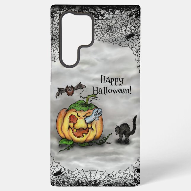 Coque Samsung Galaxy Fantôme, Chat, Chat et Citrouille, Bonne Halloween (Verso)