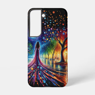 Coque Samsung Galaxy Femme en robe flottante marchant dans la forêt col
