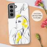 Coque Samsung Galaxy Femme Face Fleurs Jaunes Mode Élégant Monogramme<br><div class="desc">Cette jolie maquette de téléphone a été créée à l'aide de mon illustration de mode minimaliste dessinée à la main d'une belle femme avec des fleurs jaunes abstraites dans ses cheveux. Un cadeau chic et artistique pour tous ceux qui aiment l'art et la beauté ; pour les maquilleurs, coiffeurs, esthéticiens....</div>
