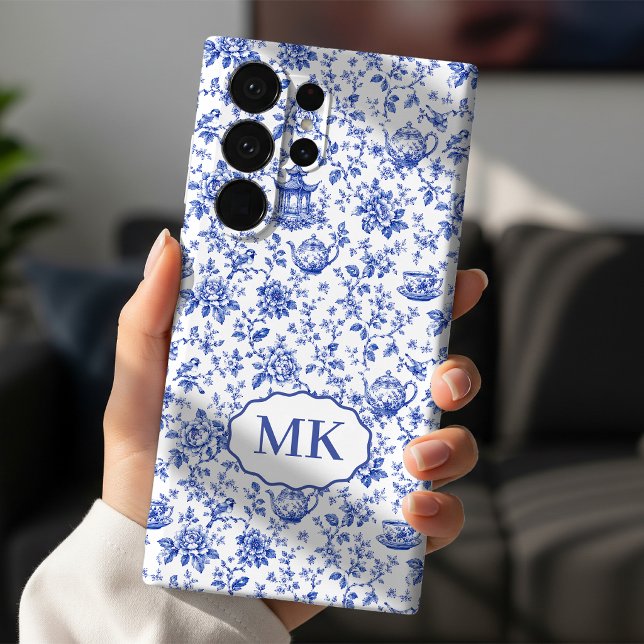 Coque Samsung Galaxy Fête des Mères | Initiale de Mariage Monogramme To (blue toile phone case, floral mom phone case, floral best friend phone case, floral bridesmaid case)