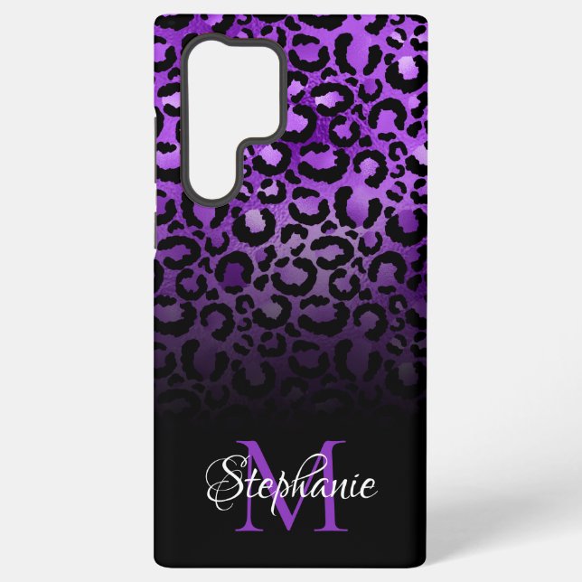 Coque Samsung Galaxy Fille Monogramme Ombré Noir et Violet Léopard (Verso)