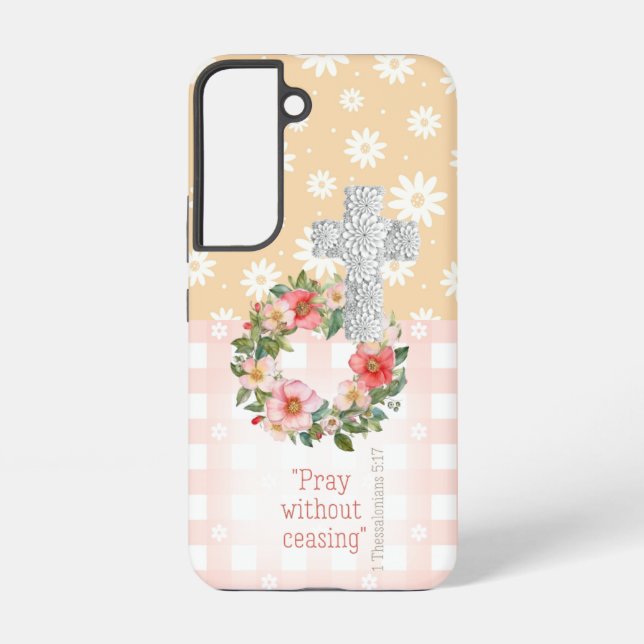 Coque Samsung Galaxy Fille rose Peach Floral Rose Faith Cross (Verso)