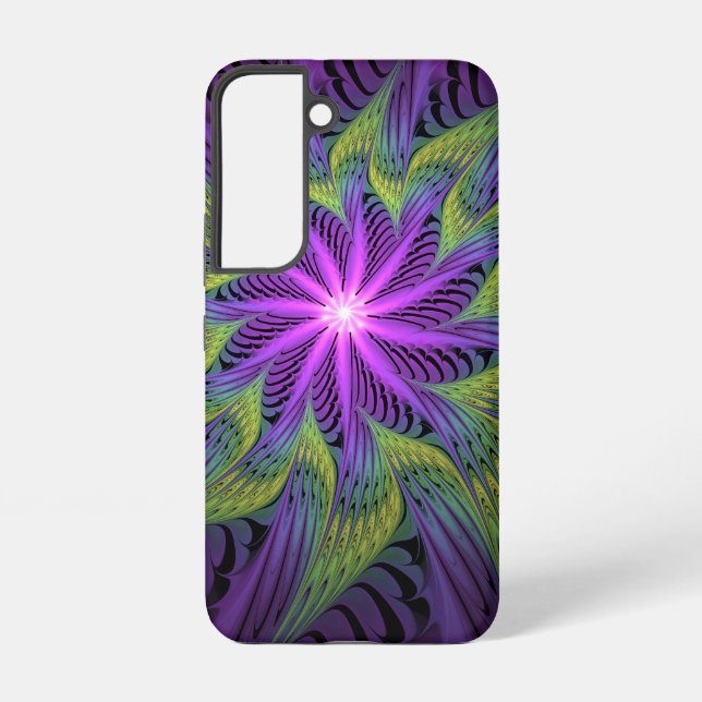 Coque Samsung Galaxy Fleur Abstraite Moderne de Fractale de Vert Violet (Verso)
