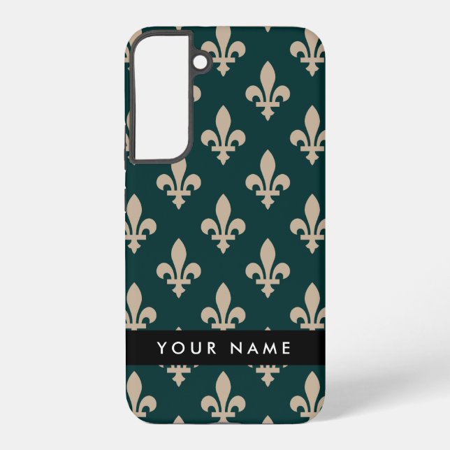 Coque Samsung Galaxy Fleur de Lis, Beige on Green, Royal, Your Name (Verso)