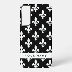 Coque Samsung Galaxy Fleur de Lis, Blanc sur Noir, Blanc, Votre Nom