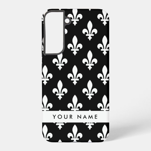 Coque Samsung Galaxy Fleur de Lis, Blanc sur Noir, Blanc, Votre Nom (Verso)