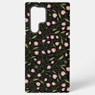 Coque Samsung Galaxy Fleur mignonne, rose sur noir avec motif répétitif