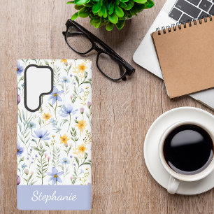 Coque Samsung Galaxy Fleur sauvage aquarelle bleu violet élégant 
