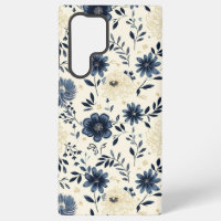 Fleurs de l'art populaire vintage bleu marine beig