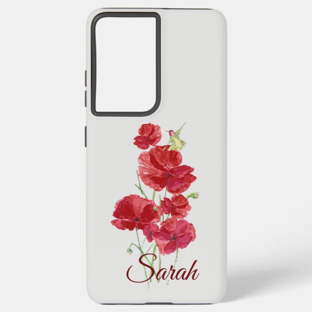 Coque Samsung Galaxy Fleurs de pavot rouge personnalisées Oiseau de col (Verso)