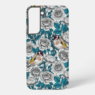 Coque Samsung Galaxy Fleurs de roses blanches et oiseaux d'or