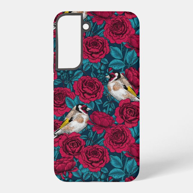 Coque Samsung Galaxy Fleurs de roses rouges et oiseaux d'or (Verso)