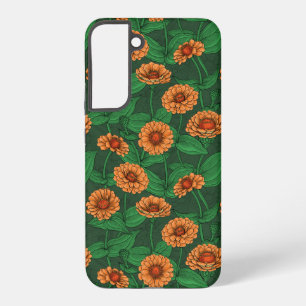 Coque Samsung Galaxy Fleurs de Zinnia orange, feuilles vertes sur fond