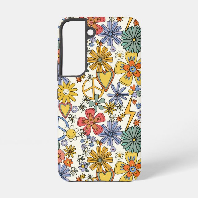 Coque Samsung Galaxy Fleurs Rétro Groovy Hippie Cœurs (Verso)