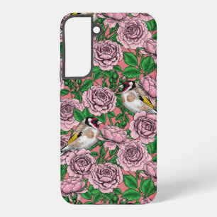 Coque Samsung Galaxy Fleurs roses roses et oiseaux dorés