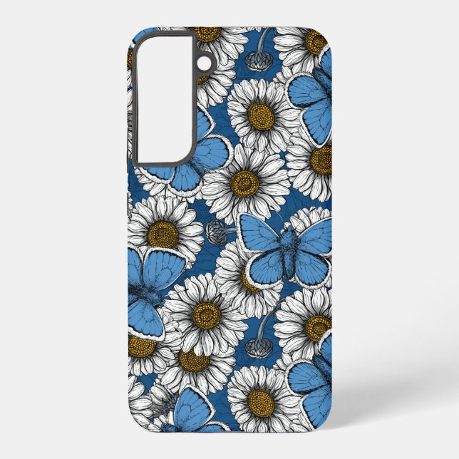 Coque Samsung Galaxy Fleurs sauvages blanches et papillons bleus (Verso)