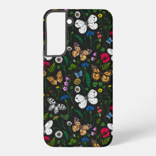 Coque Samsung Galaxy Fleurs sauvages et papillons sur fond noir