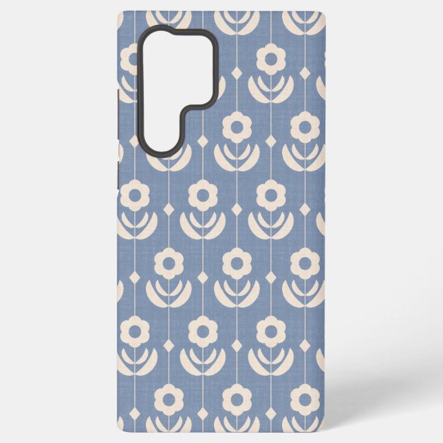 Coque Samsung Galaxy Fleurs scandinaves simples en crème sur bleu (Verso)