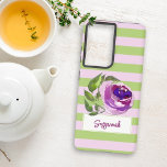 Coque Samsung Galaxy Floral Watercolor Rose Stried Ajouter Votre Nom<br><div class="desc">Ce modèle de boîtier de téléphone chic comprend des rayures horizontales lilas et vertes pastel avec un rose d'aquarelle violet et verdoyant au-dessus d'une boîte à ressorts pour votre nom. Personnalisez le texte ou modifiez-le à l'aide de l'outil de conception pour sélectionner un style de police, une taille ou une...</div>