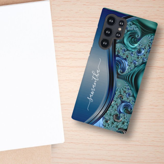 Coque Samsung Galaxy Fractale Moderne Nom Manuscrit Bleu  (Créateur téléchargé)