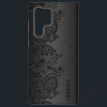 Coque Samsung Galaxy Gala minimaliste en or métallique arrière - plan s<br><div class="desc">Image d'un design métallique gris foncé en aluminium brossé avec dentelle en cachemire floral noir. monogramme personnalisable et optionnel</div>