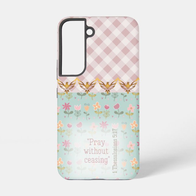 Coque Samsung Galaxy Girly Pink Plaid Pastel Floral Gold Doves Faith (Verso)