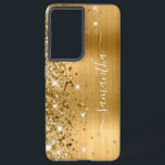 Coque Samsung Galaxy Glitterie or Foil Girl Signature<br><div class="desc">Une parties scintillant en or brillant imitation filée se met en surbrillance sur le bord gauche, sur un faux fond en métal brossé à l'ombre doré. La signature girly moderne dispose d'une élégante police de calligraphie blanche avec queues décoratives dans un format vertical. Customisez les styles de police ou déplacez...</div>