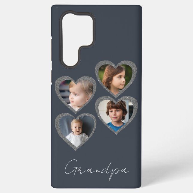 Coque Samsung Galaxy Grandpa Grey Hearts Grandchildren Photo Collage (Verso)