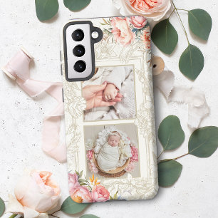 Coque Samsung Galaxy Gravé rose Aquarelle Girly Floral à deux photos