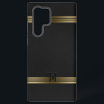 Coque Samsung Galaxy Grilles d'or en cuir Vintage noir<br><div class="desc">Image d'un arrière - plan vintage en cuir noir avec des rayures dorées. Monogramme facultatif.</div>