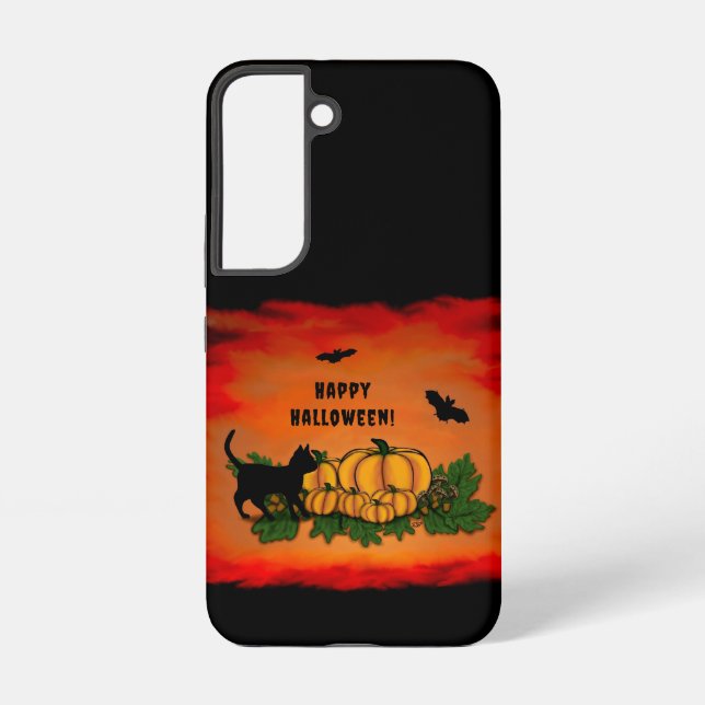 Coque Samsung Galaxy Halloween heureux, Chat noir, Chat et Citrouille (Verso)