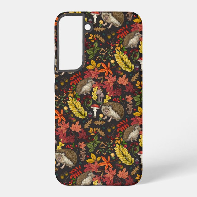 Coque Samsung Galaxy Hedgehogs and autumn forest flora on black (Verso)