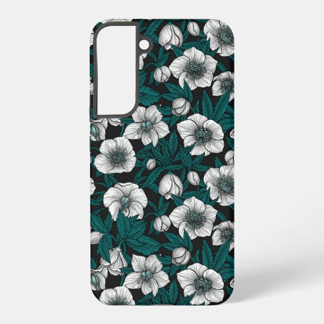 Coque Samsung Galaxy Hellebores blancs avec feuilles bleus (Verso)