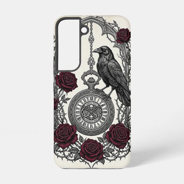Coque Samsung Galaxy Horloge et roses du corbeau gothique (Verso)