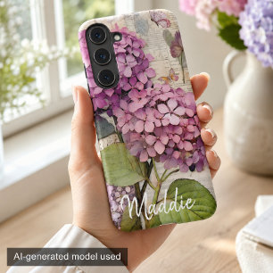 Coque Samsung Galaxy Hydrangea & Papillon Rose Personnalisé Vintage
