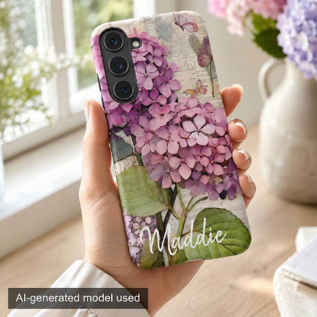 Coque Samsung Galaxy Hydrangea & Papillon Rose Personnalisé Vintage (Créateur téléchargé)