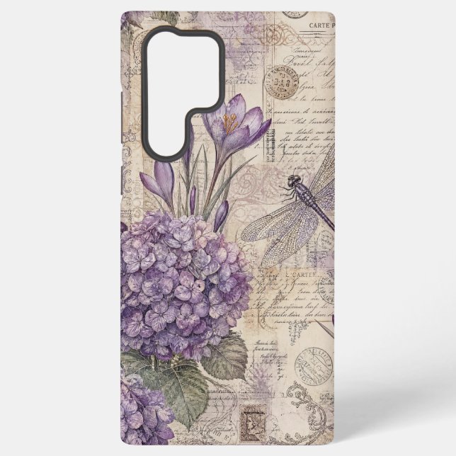 Coque Samsung Galaxy Hydrangea Violet Shabby Chic et Libellule (Verso)