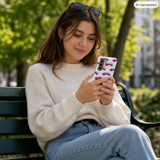 Coque Samsung Galaxy Illustration Fantaisiste Étoile Rose Clair (A phone case with a pattern of pink stars and blue, pink and purple rainbows.)