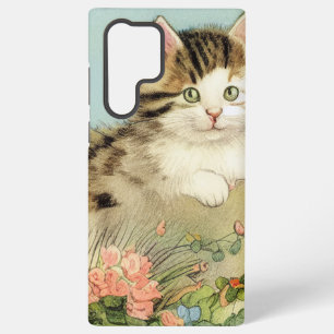 Coque Samsung Galaxy Illustration vintage de chat avec fleurs roses