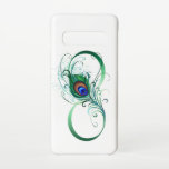 Coque Samsung Galaxy S10 Infinity Symbol with Peacock Feather<br><div class="desc">The symbol of infinity with a bright,  green,  artistic peacock feather on a white background. Tattoo style.</div>