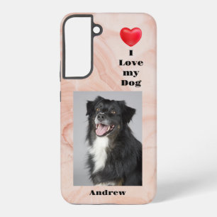 Coque Samsung Galaxy J'aime mon chien photo et nom sur Marbre Rose