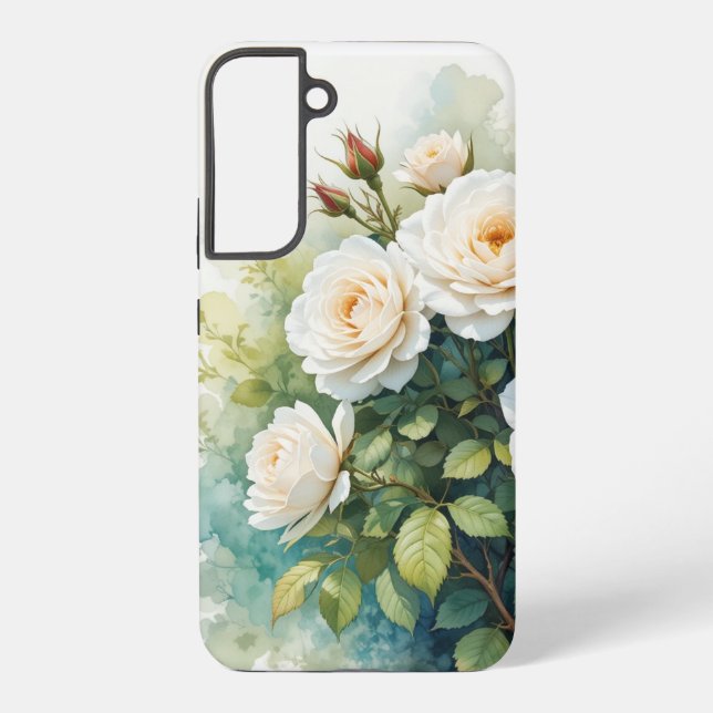 Coque Samsung Galaxy Jardin de fleurs à l'aquarelle Roses blanches (Verso)