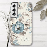Coque Samsung Galaxy Joli bleu poussiéreux/Brown clair floral avec/init<br><div class="desc">Joli spray de fleurs de style boho bleu et blanc cassé avec feuillage brun clair sur coquille d'oeuf arrière - plan avec champ de texte pour vos initiales/monogramme/nom.</div>