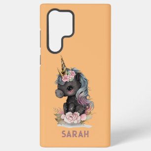 Coque Samsung Galaxy Joli licorne noir avec licorne aquarelle fleurs