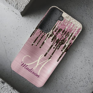 Coque Samsung Galaxy Joli or rose marron Paillettes gouttes monogramme