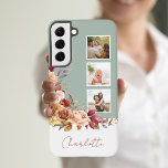 Coque Samsung Galaxy Jolies fleurs d'aquarelle Pastel, 3-Photos avec no<br><div class="desc">Customisez ce joli design à trois modèles photo avec votre nom ou monogramme sur un élément étiquette vierge que vous pouvez customiser avec la couleur de votre choix. Il est doté d'un jet d'angle coloré de roses d'aquarelle, de rouille et d'ivoire et de chrysanthèmes avec feuillage vert sauge et brun....</div>