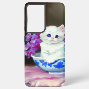 Coque Samsung Galaxy Kitten blanc vintage aux fleurs roses